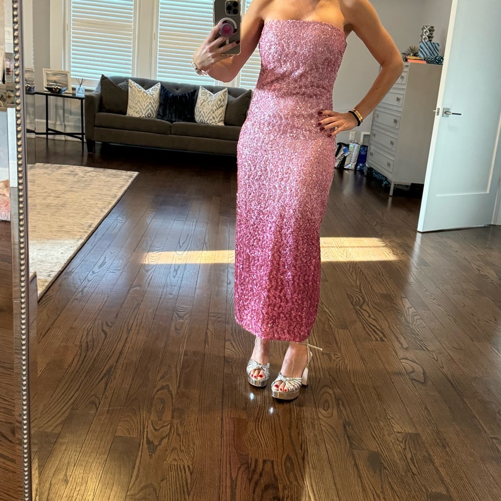 Stasia Love Shack Fancy Sequin ombré Pink Sequin Strapless Dress